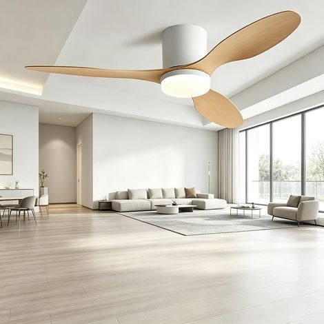 Ventilateur de plafond avec éclairage et télécommande, Ø 106 cm, moteur CC silencieux, 3 pales en plastique, aspect bois clair, 6 vitesses (1/5)