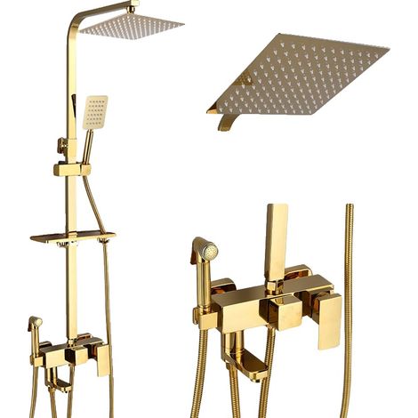Ensemble de robinet de douche, fonction de douche pluie, hauteur réglable, Doré-12 Pouces (1/2)