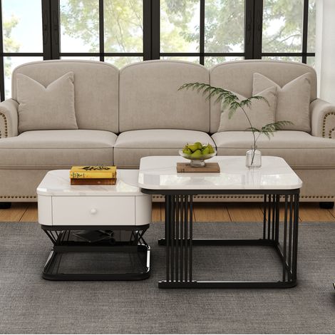 Mesa baja de 2 piezas con cajón, efecto mármol blanco y negro, MDF y metal DESVIAE (1/5)