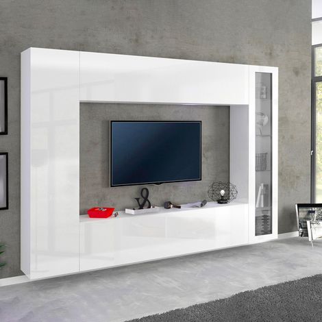 Parete Attrezzata Moderna per Soggiorno 260x30x180cm - ECHO - Colore: bianco laccato lucido (1/5)