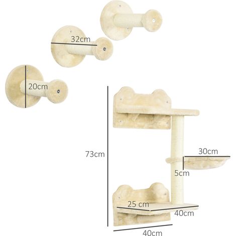 Kletterstufen, Kletterwand, Katzentreppe, 4-tlg. Set, mit Kratzbaum, Hängematte, beige+cremeweiß, 40 x 28 x 73cm (1/5)