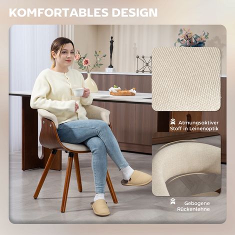 Chaise salle à manger en tissu lin, dossier courbé, piètement bois, couleur beige (1/4)