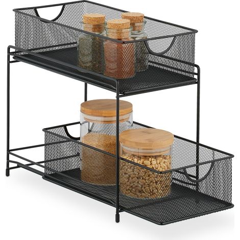 Relaxdays Kitchen Cabinet Organiser, Pull-out Base Unit Shelf, 2 Drawers, Metal Baskets, HWD: 32 x 19 x 35.5 cm, Black (1/5)