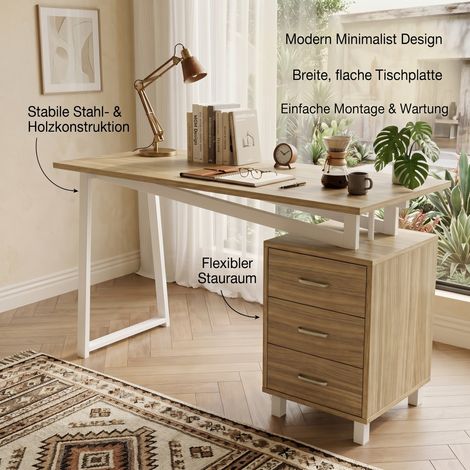 Bureau spacieux 130x55x75 cm avec rangement, panneaux MDF haute densité, glissières à trois niveaux, entretoises triangulaires, montage et nettoyage faciles, bois naturel + blanc. (1/5)