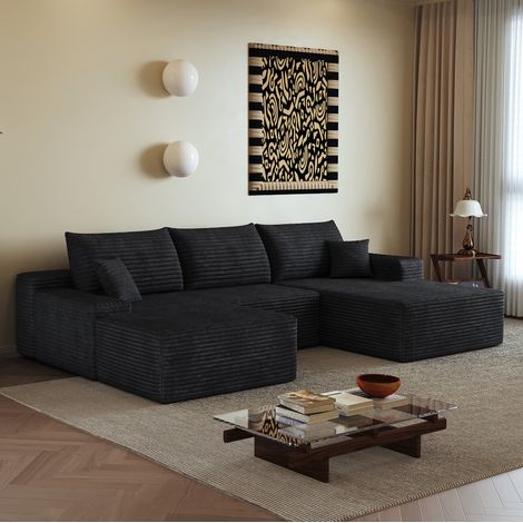 Divano angolare modulare 270 cm, chaise longue a L, tessuto a coste nero HAVRYA (1/5)