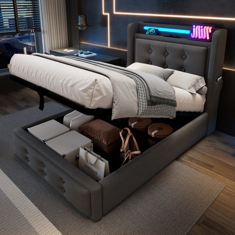 Letto contenitore singolo 90x200 cm con sollevamento idraulico, LED, porta USB-C, in tessuto grigio, senza materasso (1/5)