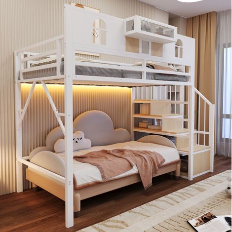 Letto a soppalco 90x200 cm bianco in metallo e MDF con scala contenitore, LED e ripiano (1/5)