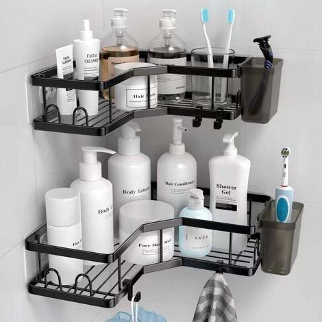 Lot de 2 etagère Douche Etagere Salle de Bain Angle Etagere sans Percage Acier Inoxy avec1porte-dentifrice 8 Crochets et 6 Adhésifs Rangement Douche Noir (1/4)