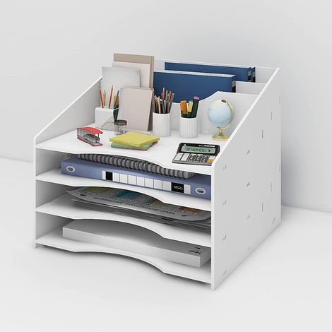 Organisateur de Bureau Multifonctionel Boîte de Rangement Bureau  Étagère de Dossiers et Porte-Documents Compartiment de Rangement en PVC pour Bureau Maison et École (1/5)