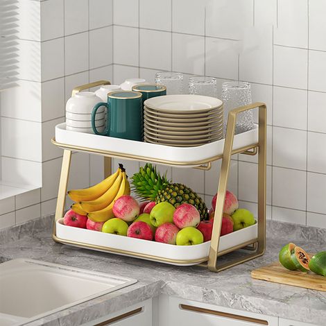 Séchoir à vaisselle 2 niveaux en métal avec plateau blanc en plastique - égouttoir cuisine rangement organisateur plan de travail (1/5)