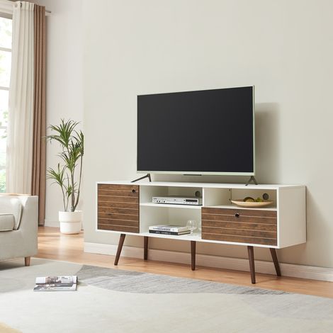 Mobile TV Vare con Cassetto Anta e Vani Aperti 165x40x66 cm - Bianco/Effetto Noce [en.casa]