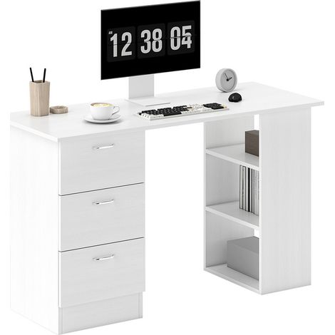 Bureau d'ordinateur, table d'écriture, poste de travail PC avec 3 étagères et tiroirs de rangement, poignée argentée, pour bureau à domicile, blanc (1/5)