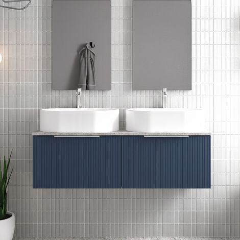 Hudson Reed Fluted Wall Hung 2-Drawer Vanity Unit with Bellato Grey Worktop 1200mm Wide - Satin Blue (1/4)