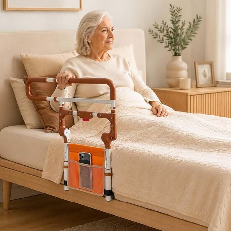 Barre de lit, Barriere de lit Adulte Pliable barriere extensible avec poignée antidérapante, poche, hauteur réglable, matelas 20–33 cm, charge 200 kg, lever nocturne