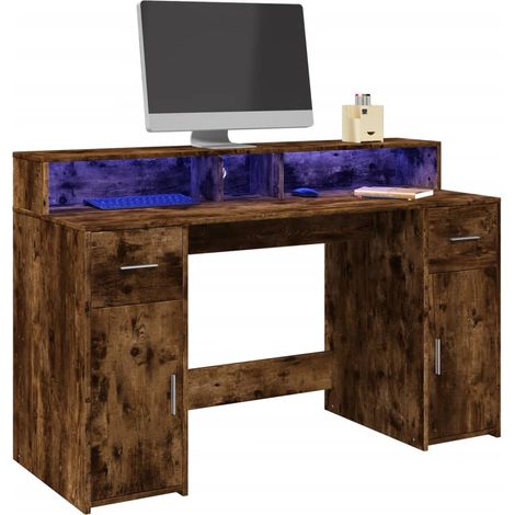 LED-Schreibtisch Räuchereiche 140x55x91 cm Holzwerkstoff