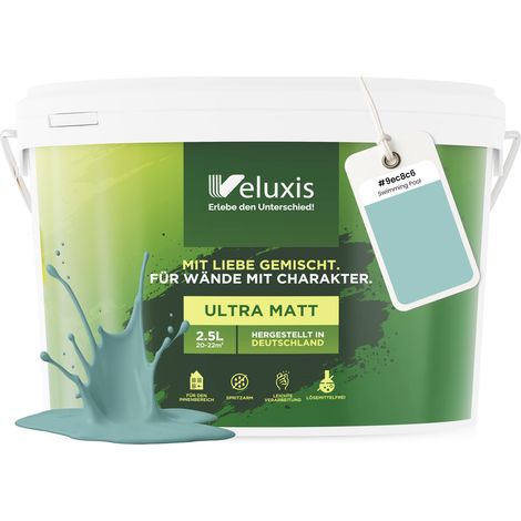 Wandfarbe Türkis Blau Mintgrün Matt Innenfarbe – Deckkraft Klasse 1, VOC-frei, Ohne Grundierung, Tropfarm – Wohnzimmer & Schlafzimmer – 2,5L – Veluxis (Swimming Pool)