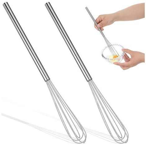 2 mini fouets en acier inoxydable, 26 cm, argentés, parfaits pour fouetter la pâte, les blancs d'œufs et la crème. (1/5)