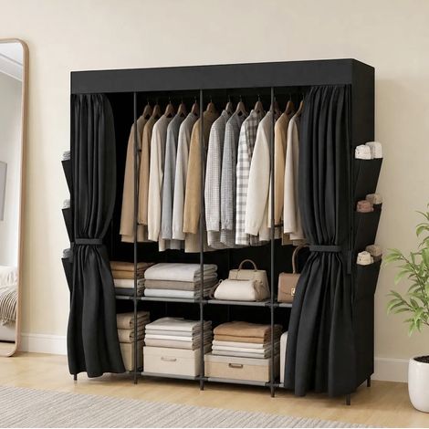 Armario textil portátil negro con 5 barras, 4 estantes y 6 bolsillos laterales, cierre con cortinas antipolvo para dormitorio o piso de alquiler – CHICFURN (1/5)