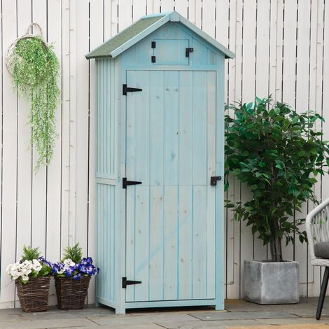 Armario de jardín 77x54.2x179 cm azul claro en madera con estantes extraíbles y techo impermeable (1/5)