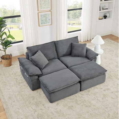 Canapé de sol modulaire 2 places avec repose-pieds mobile et poches de rangement, en tissu gris clair (1/5)