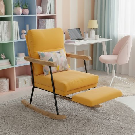 Sedia a dondolo, poltrona a dondolo in lino, stile scandinavo rocking chair, con braccioli, poggiapiedi scorrevole, piedi in legno e struttura in metallo - Gialla