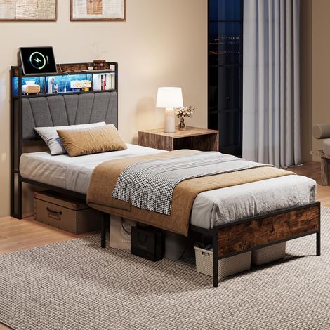 Lit simple 90x200 cm avec LED et ports USB - cadre de lit en métal robuste et stable, design moderne - Noir