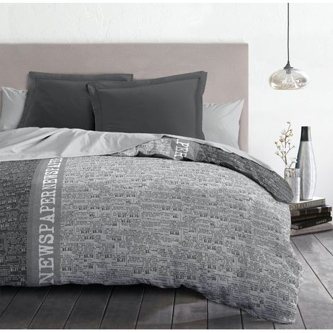 Parure de lit microfibre 140x200 cm – Housse de couette et 2 taies zippées – Motifs fantaisie gris foncé et clair – Home Linge Passion (1/2)