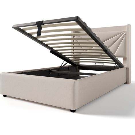 Cama con almacenaje 1 plaza 90x200 cm en lino beige con cargador USB y USB-C (1/5)