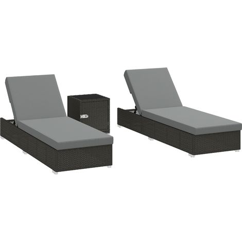 Set 2 Sdraio da Giardino in Rattan con Tavolino Laterale e Schienale Regolabile, 184x60x22 cm, Grigio Scuro