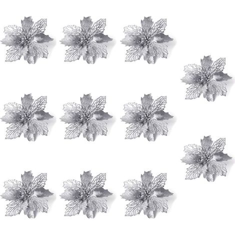 10 Of The of Christmas Flowers, Christmas Poinsettia Glitter Ornament, Fleur of Christmas Artificial, Ornament of The of Christmas (Silver) (1/5)