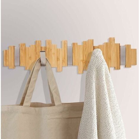 Perchero de pared de madera - Gancho para abrigos con 5 ganchos metálicos plegables para abrigos, chaquetas, sombreros, bolsos, pasillo, dormitorio, baño, 40 cm (1/5)