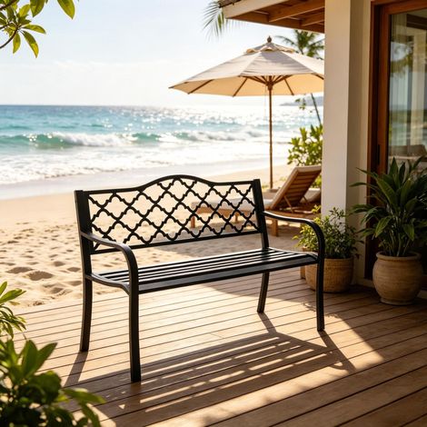 Banc de jardin 3 places avec dossier à motif géométrique et accoudoirs en métal epoxy noir (1/5)