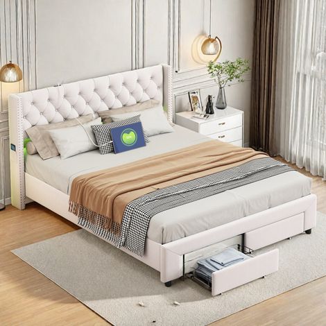 Lit coffre rembourré 160 x 200 avec 2 tiroirs–Lit double beige 160 x 200–Tête de lit avec bandeau lumineux LED–Ports USB et Type-C–Velour beige (1/5)