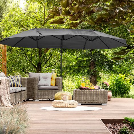 Parapluie déporté réglable avec manivelle, parasol double toile pour terrasse et jardin, protection anti-UV, structure en métal gris anthracite, dimensions 440 x 270 x 250 cm