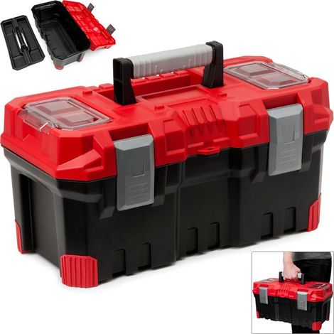 Coffre à outils 490x260x240mm – Plastique rouge/noir – Compartiments transparents pour vis et clous – Fermetures à clapets sécurisées (1/5)