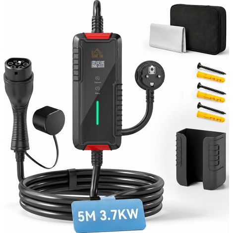 Chargeur voiture électrique - HOMCOM - type 2 3,7kW [5m, 6/8/10/13/16A] câble de recharge portable écran LCD retardateur - PC - noir