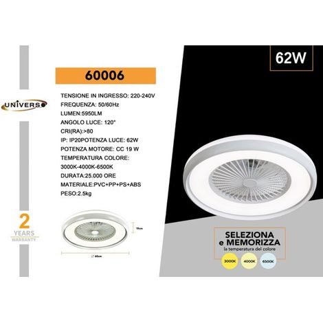 UNIVERSO VENTILATORE DA SOFFITTO 19W CON LAMPADA LED 62W 3IN1 CHANGING COLOR E TELECOMANDO