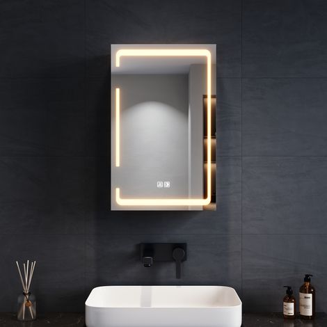 SONNI LED-Spiegelschrank mit Beleuchtung, 3 Lichtfarben Dimmbar, Bad-Hängeschränke mit Kabellosem Scharnierdesign und Steckdose, Eintüriger Spiegelschrank 38 x 60 x 14 cm