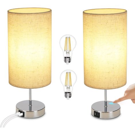 GBLY Nachttischlampe Touch Dimmbar 2er - Tischlampe E27 USB Ladefunktion Wohnzimmer Chrom mit Stoff Lampenschirm für Schlafzimmer Wohnzimmer Nachttisch Schreibtisch Leuchtmittel nicht enthalten