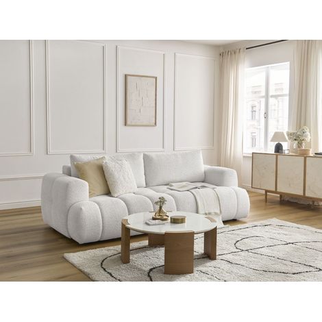 BOBOCHIC - Canapé droit convertible 3 places FUJI tissu bouclette Blanc (1/5)