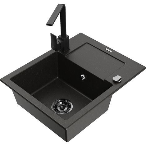 Mexen Enzo 1 Becken-Granitspüle mit Abtropffläche und Mischbatterie Rita, Schwarz/Gold metallisch -