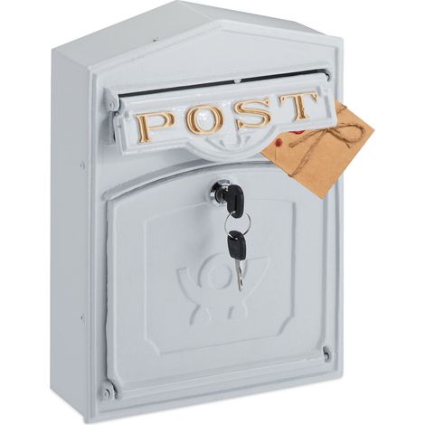 Relaxdays Cassetta della Posta dal Design retrò, Porta Lettere in Lega di Alluminio, Scritta Post, 31,5x23x9 cm, Bianco (1/5)
