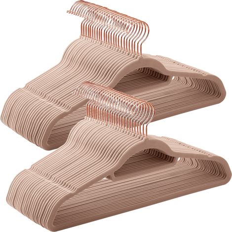 Cintre en Velours, Lot de 50, Antiglisse, Barre à Cravate, Crochet Pivotant 360°, Épaisseur 0,6 cm, Longueur 43,5 cm, pour Manteau, Robe, Pantalon, Marron Clair et Rose Gold CRF021LB50 (1/5)