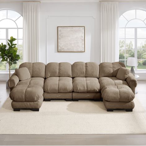 Sofá modular en U 330x149x90 cm de chenilla marrón con 2 pufs móviles – MEUBLIV (1/5)