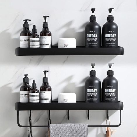 Shower Shelf without Drilling Bathroom Shelf with Towel Rail and Aluminum Hook Storage Shelf for Shower and Kitchen Set of 2 Black (1/5)