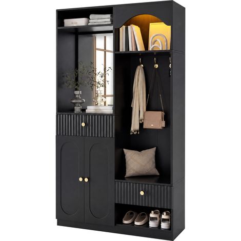 Vestiaire d'entrée avec Miroir et Banc à Chaussures Meuble de Couloir Éclairage LED Étagères MDF 100x35x180 cm (1/5)