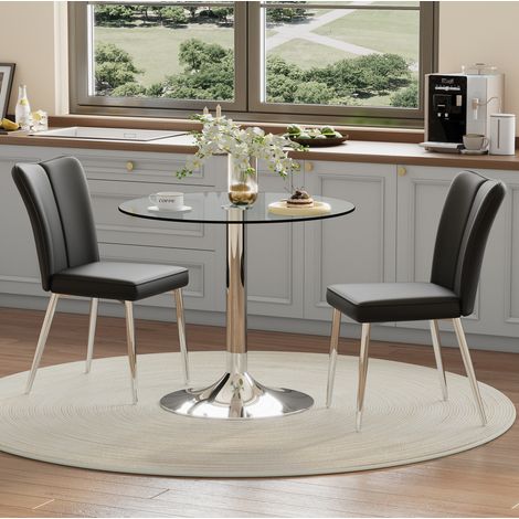 Conjunto de comedor con mesa redonda de cristal y 2 sillas de PU negro, plata, 85x76 cm (1/5)