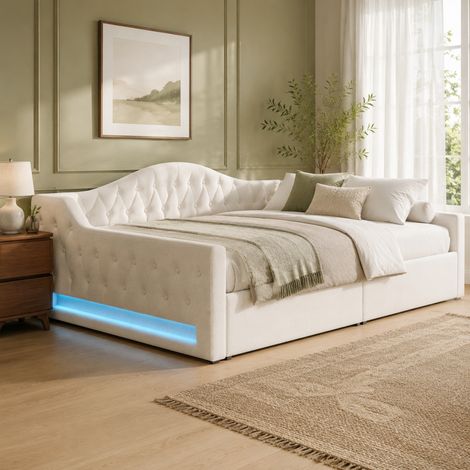 Letto da giorno imbottito 140x200 cm in beige con LED e contenitore integrato (1/5)