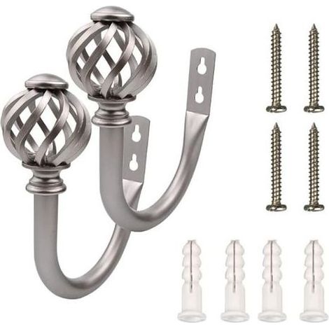 Lot de 2 Attaches pour Rideaux - Crochets - Attaches - Embrasses - Supports pour Rideaux de draperie, métal Mural argenté (1/5)