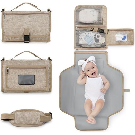 Sac à langer portable avec matelas à langer intégré, coussin inclus, pliable et imperméable, avec poche pour lingettes bébé. Dimensions : 28,5 x 20 cm. Couleur : kaki. (1/5)